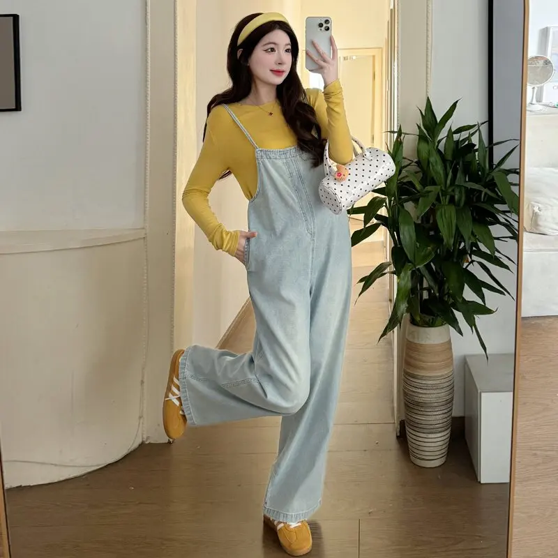 2025 spring new style maternity denim overalls Korean Fashion Wide Leg loose Straight Jumpsuit Jeans for Youth Pregnant Women