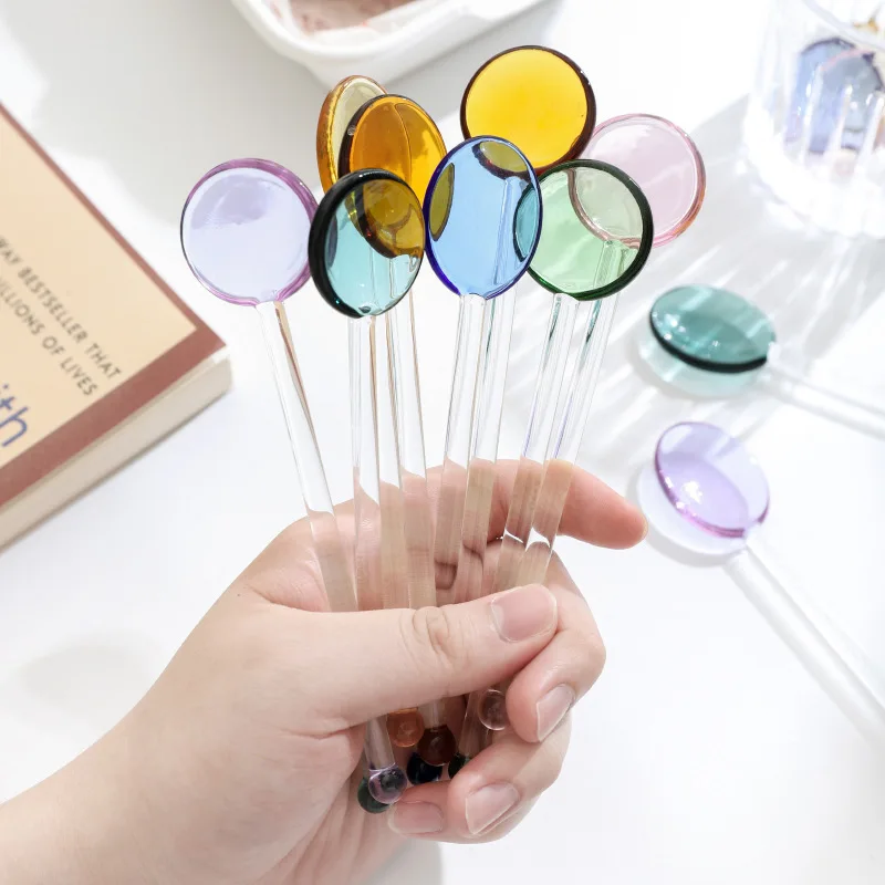 Cute Colorful Stained Glass Long Handle Stirring Spoon Coffee Milk Dessert Ice Spoon Colorful Transparent Glass Spoon