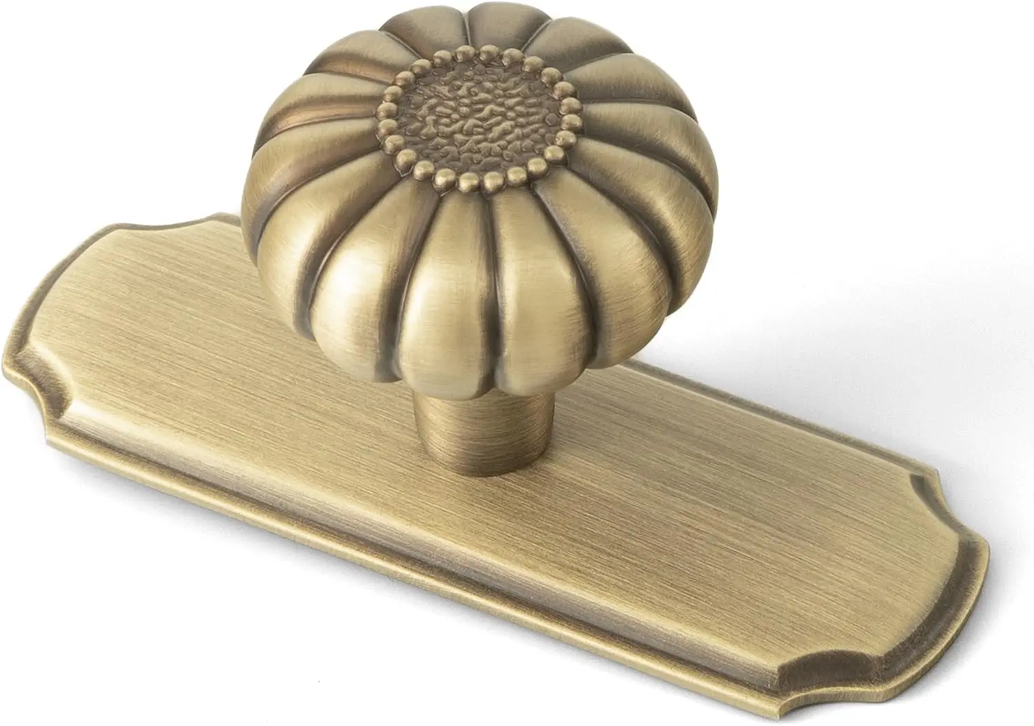 Solid Brass Cabinet Knob with Backplate, Antique Brass Vintage Pumpkin Handle Drawer Pull for Kitchen Cupboard and Dressers, 6 Pack