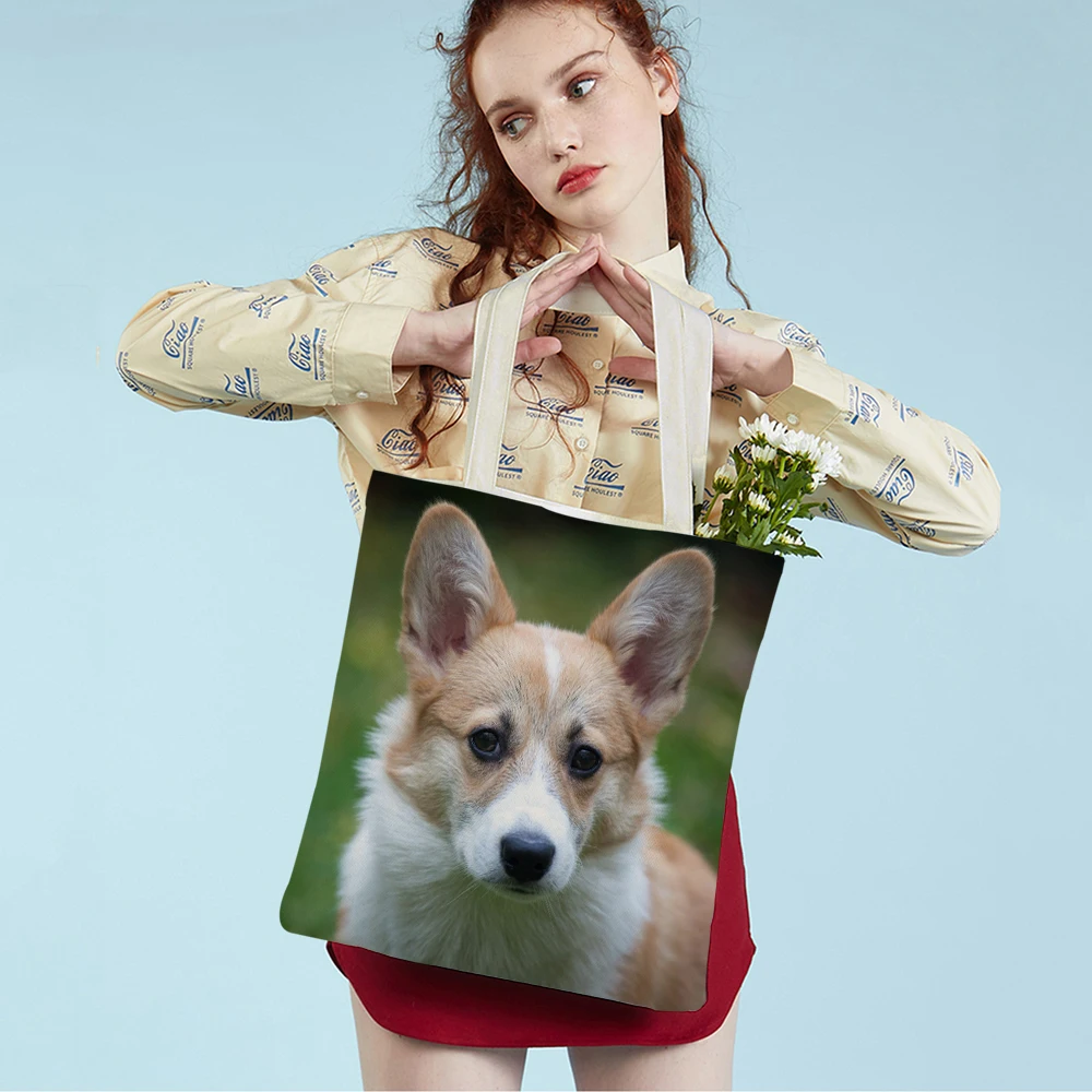 

Сумка-тоут женская холщовая, милая двухсторонняя сумочка-корги с вышивкой и животными, детская дорожная сумка для покупок