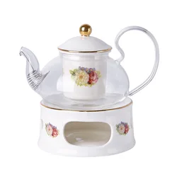 Ceramic Tea Set with Glass Teapot, Candle Warmer, Infuser, Ideal for Blooming and Loose Leaf Tea, High Quality