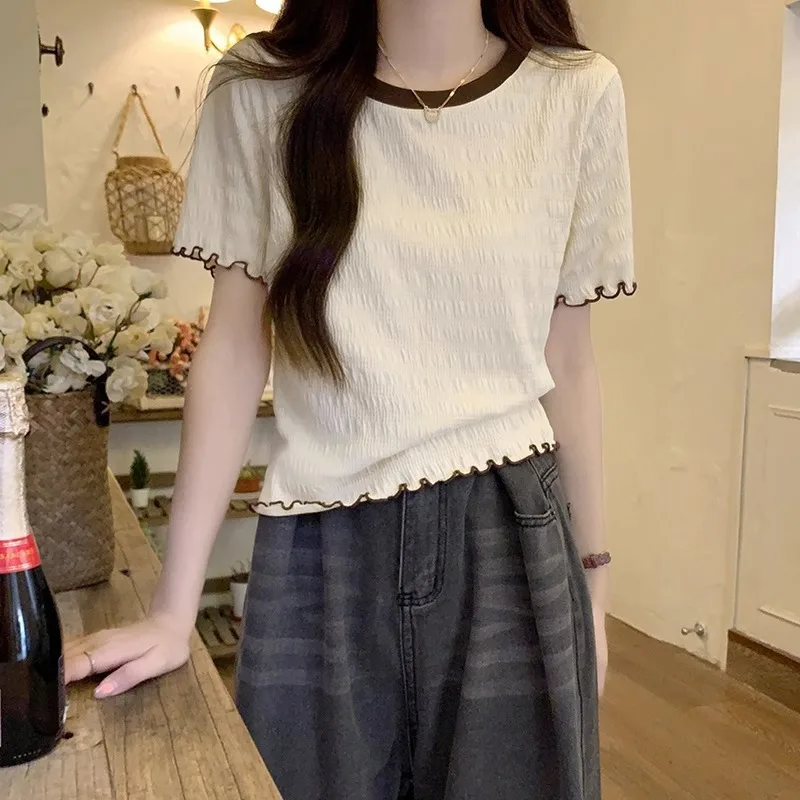 Women's Ruffled Trim Textured Short-Sleeve Top, Round Neck Color Block Cropped T-Shirt, Casual Smocked Knit Tee