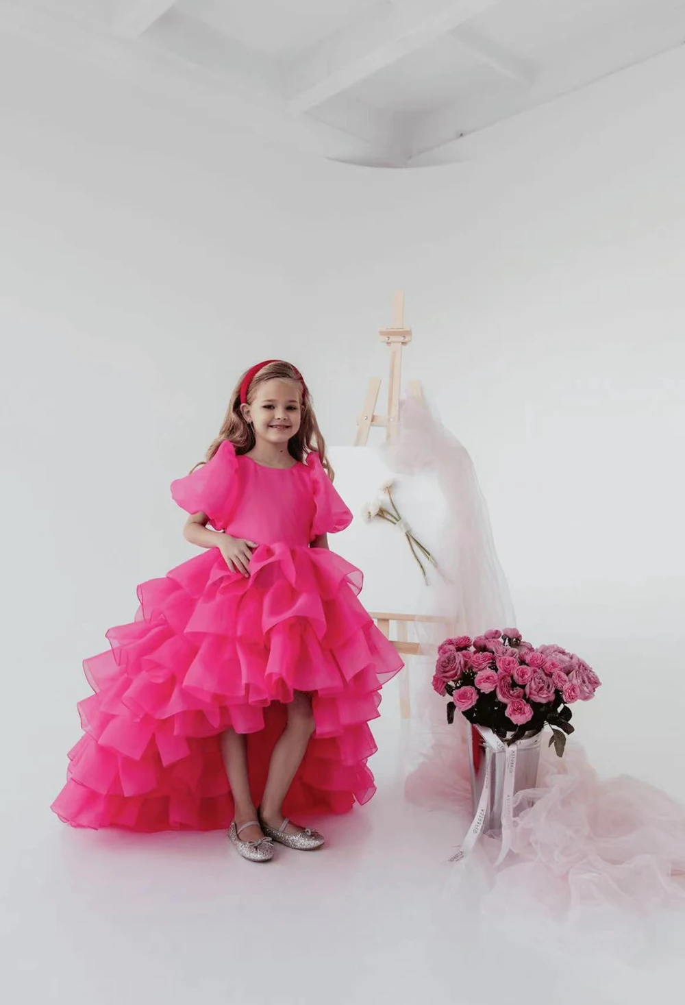 

Lovely Layered Flower Girl Dress For Wedding Ball Gown Bubble Sleeve Princess Child First Eucharistic Birthday Party Dresses