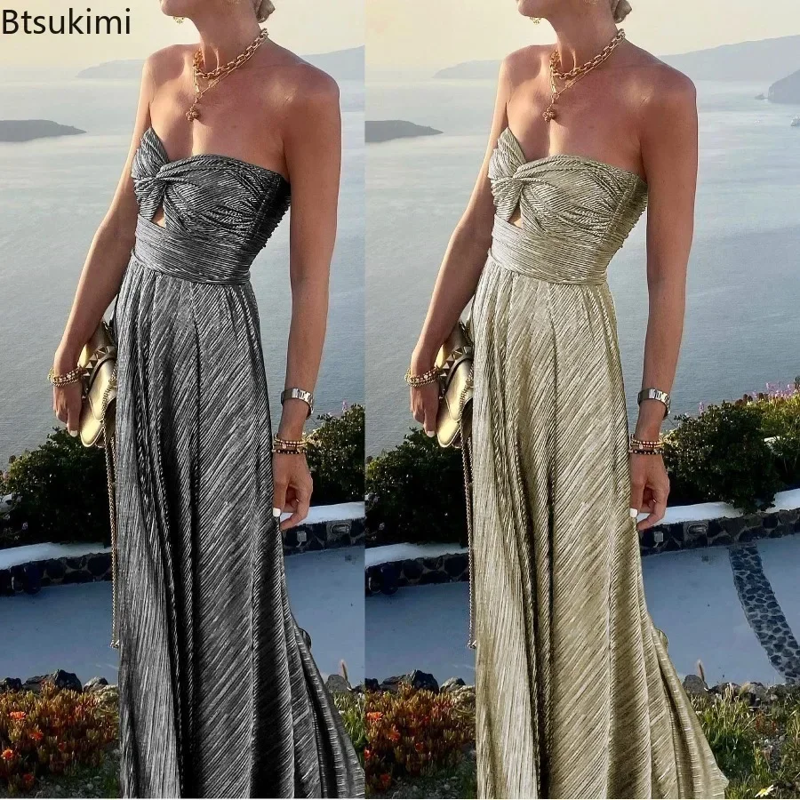 

2025Women's Elegant Club Party Dresses Sexy Chest Wrapping Gold Stamping Long Party Dress INS Casual Big Swing Dress for Evening