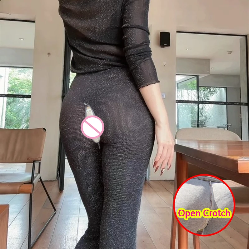 See Through Woman's Sexy Black Leggings Fashion Dot Printing Decor Wide Leg Pants Summer Slim Fit Breathable Crotchless Pants