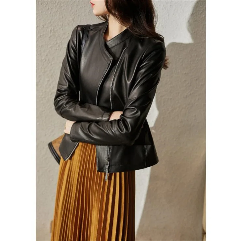 Women Short Black Apricot Jacket Genuine Leather Jacket Sheep Leather Collarless Stand Up Collar Jacket