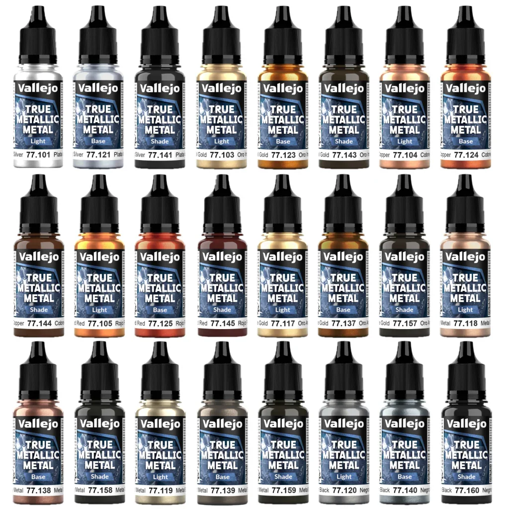 SILU, pack 24 Pinturas acrílicas True Metallic Metal (TMM) para modelismo y miniaturas, acabado metálico ultra-realista, base al agua, 18 ml, ideal para pincel y aerógrafo