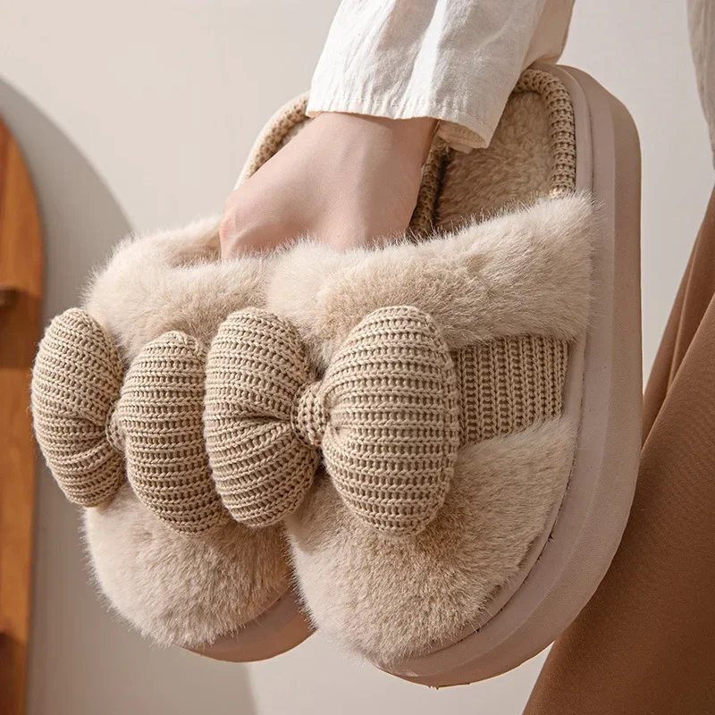 

New Winter Girl Heart Cute Bow Knot Thick Sole Comfortable Home Indoor Slippers Thickened Plush Warm Non Slip Cotton Slippers