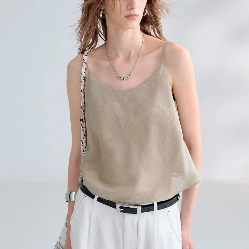 100% Ramie Women's Camisole Tank Top Summer New Round Neck Backless Loose Top Chic Elegant Ladies Sleeveless Short Tops