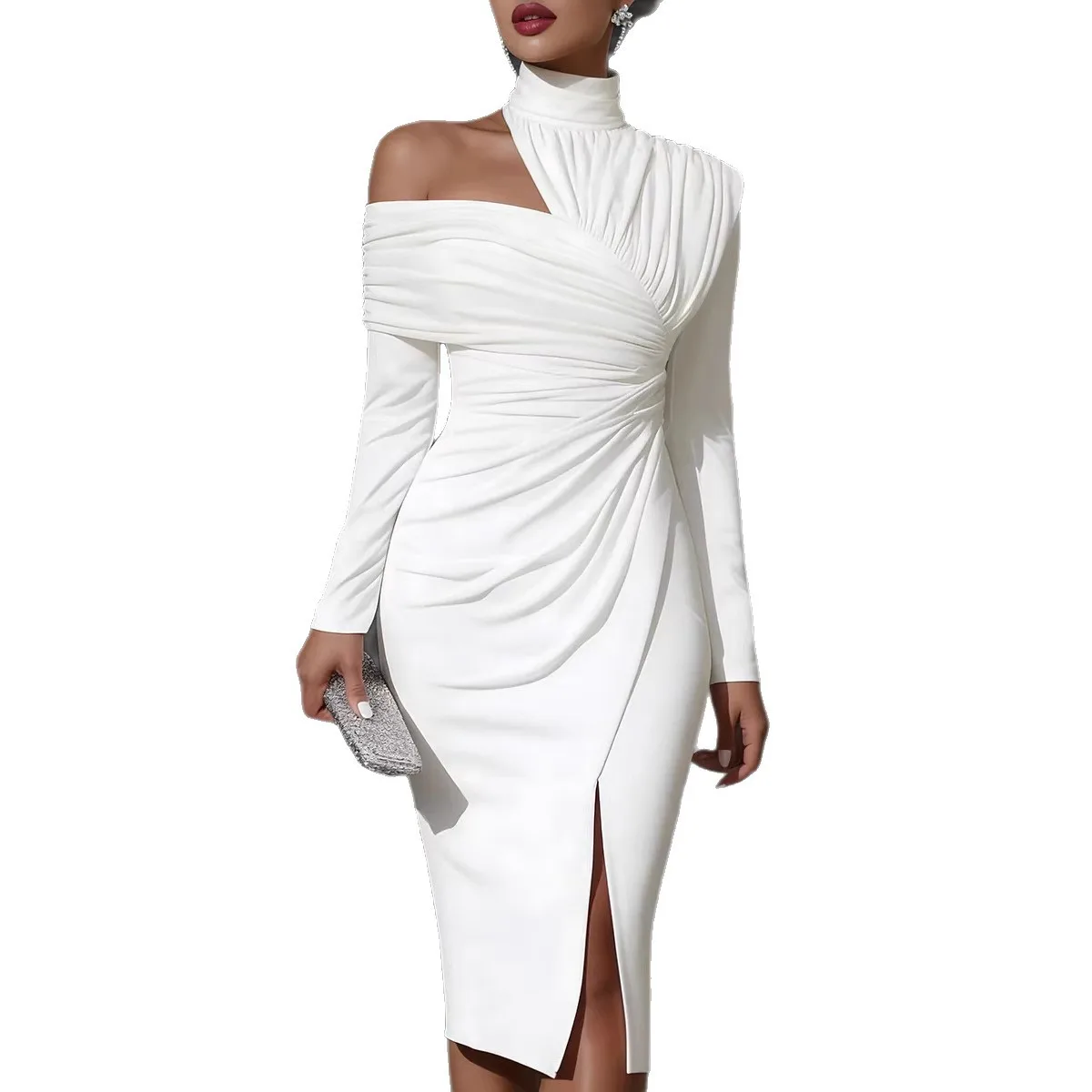 Asymmetrische off-shoulder jurk voor dames, hoge hals, uitsnijding, lange mouwen, gerimpelde taille, jurk met split aan de voorkant, elegante outfit voor bruiloftsgasten - afbeelding 2