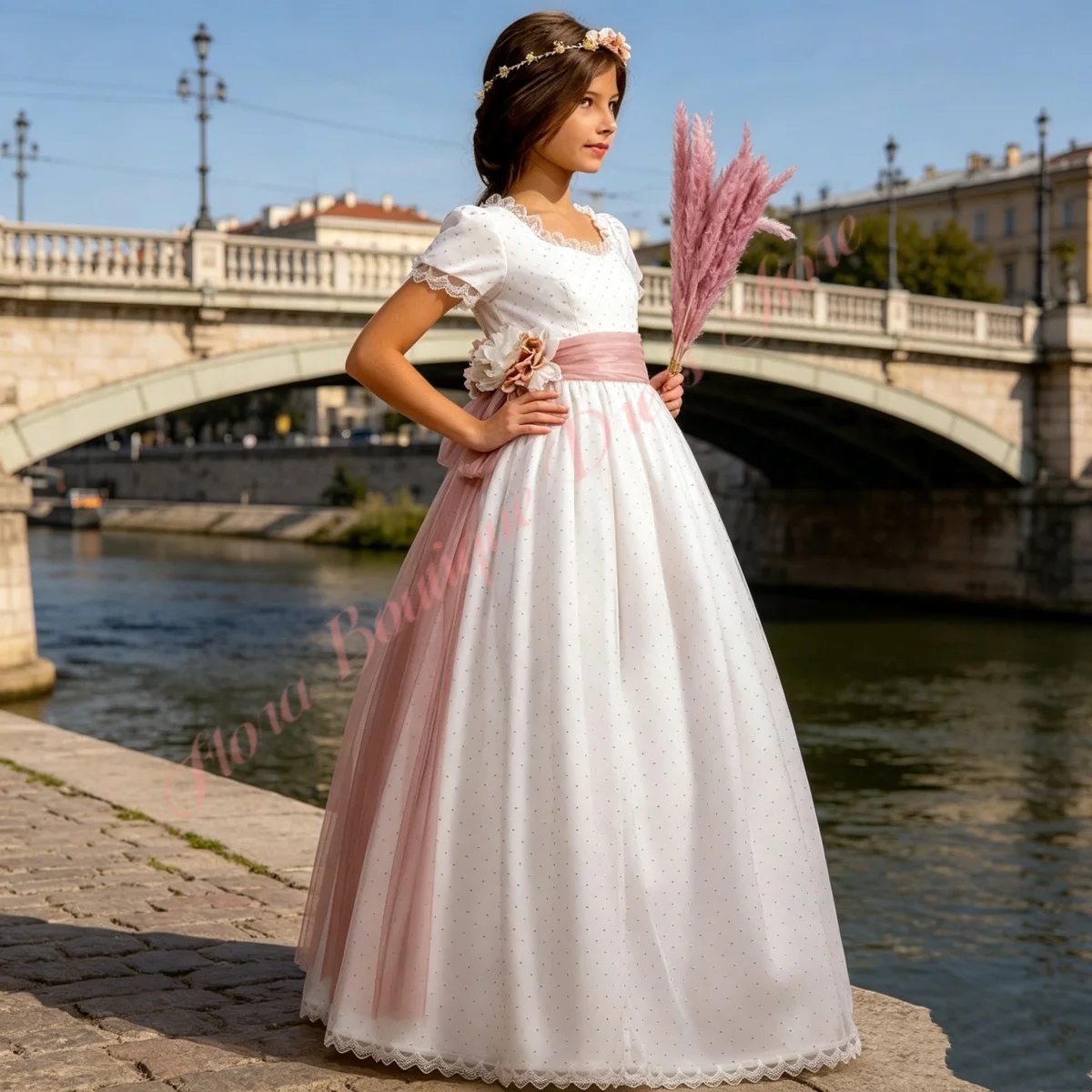 Vestido de Comunión Personalizado Color Rosa para Niña, Vestido de Princesa con Encaje, Cinturón de Lazo Floral, Vestido de Dama de Honor para Boda, Primera Comunión