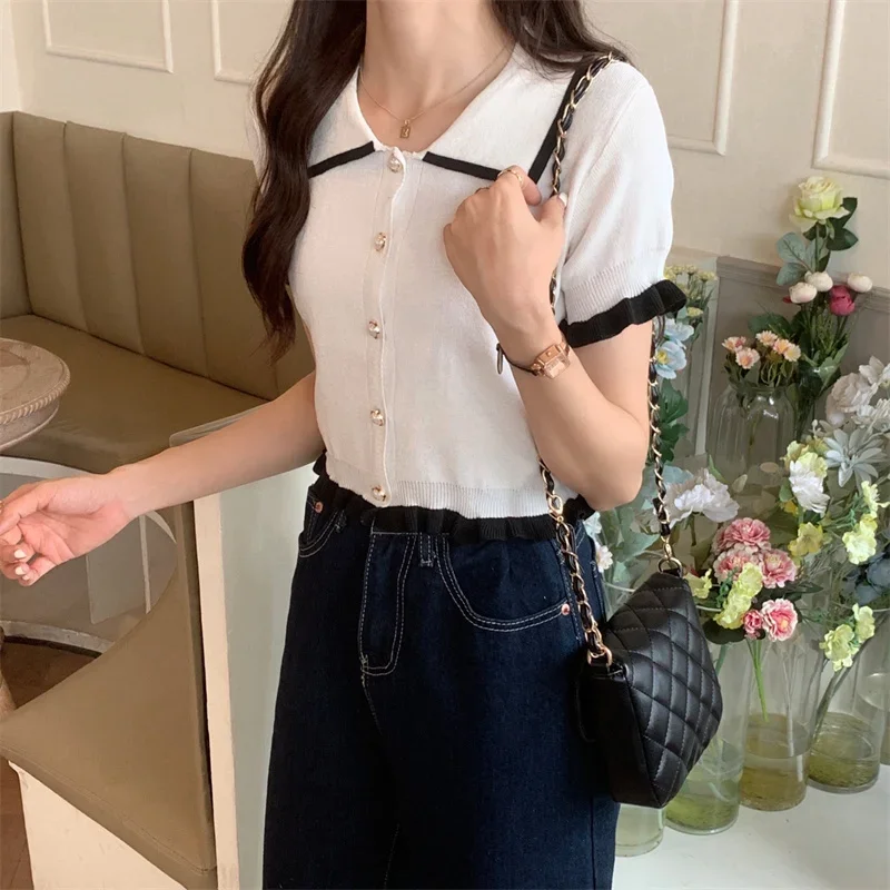 Shirts Woman Patchwork Elegant Retro Office Lady All-match Button Fashion Korean Butterfly-sleeve Simple Daily Ins Casual Summer