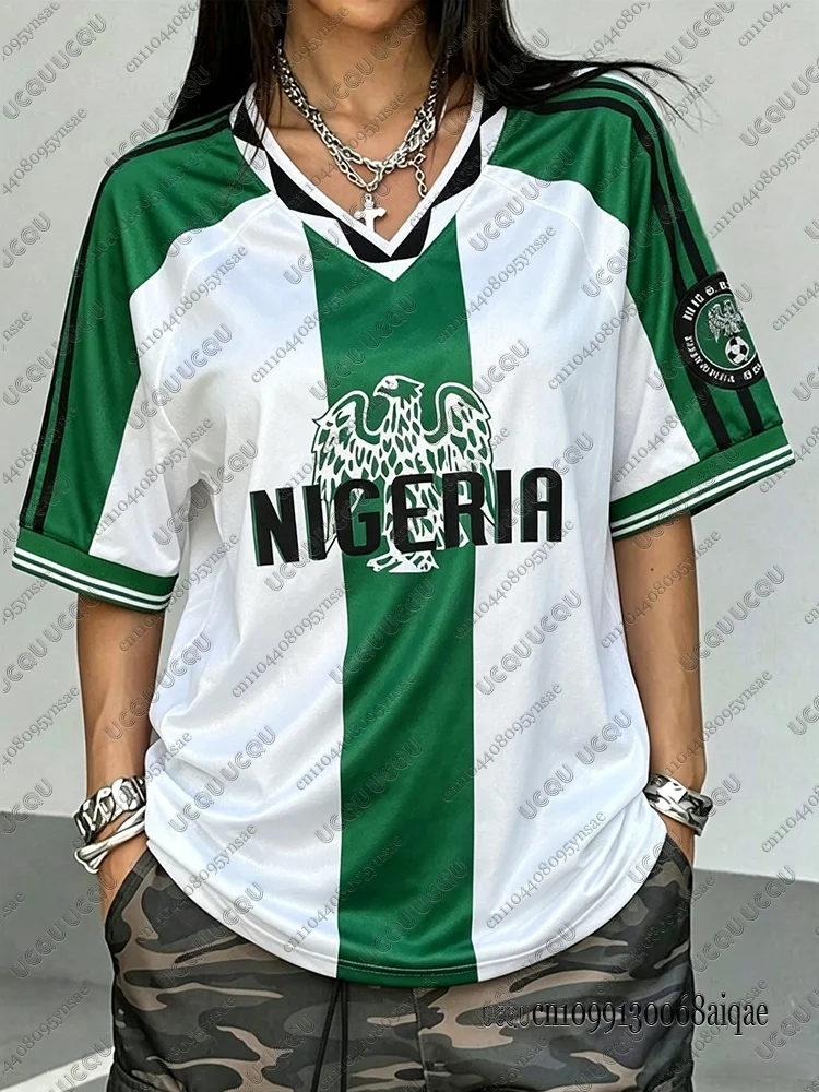 Summer Classic Nigeria Style Soccer Jersey For Women Casual Quick Dry Breathable V-Neck Sports Football Jersey Y2K Oversized Top