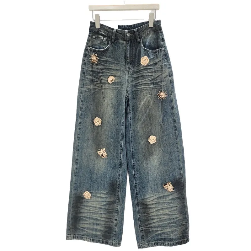 HKSH Women Vintage Distressed Jeans Metal Button Decoration Wide Leg Slimming Elegant Denim Pants New Spring Autumn 2026 HK19365