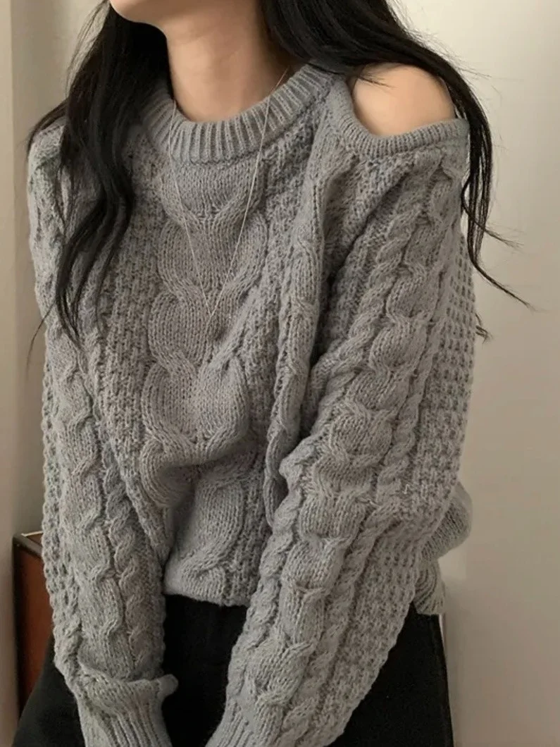 Maglione lavorato a maglia da donna coreano Sle Or Long Sve Pure Color Loose Fit oulder Bared Twist Design Autunno Inverno Top