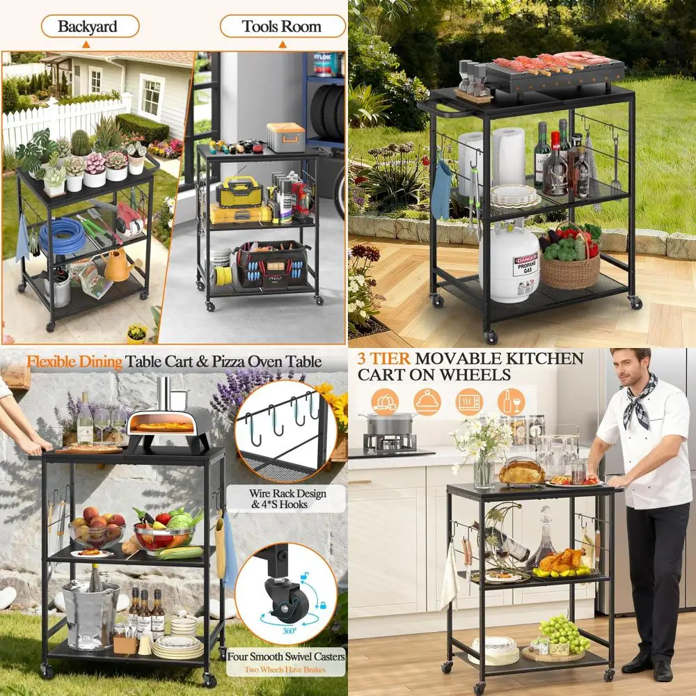 

3-Tier Outdoor BBQ Prep Table with Stainless Steel Top, Ideal for Patio Kitchen and Pizza Oven