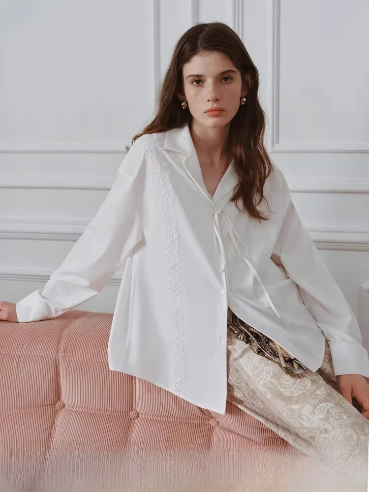 

Женская блузка Ele Commuter с кружевной отделкой, новинка осени 2025, с завязками, модный французский стиль, свободный крой, длинный рукав, V-образный вырез