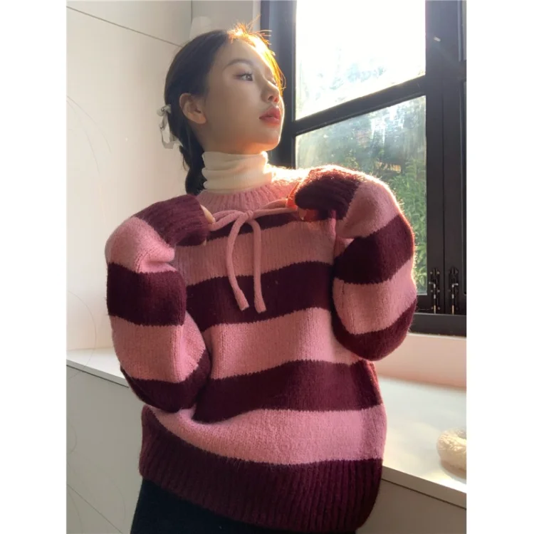 Korobov Stripes Contrasting Color Sweater O-neck Bubble Sleeve Lace-up Design Knitwears Korean Fashion Pull Femme Hiver 2022