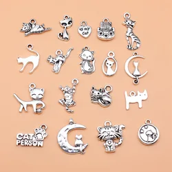 18pcs Antique Silver Color Cat Charms Collection For DIY Jewelry Making, 18 Styles, 1 of Each