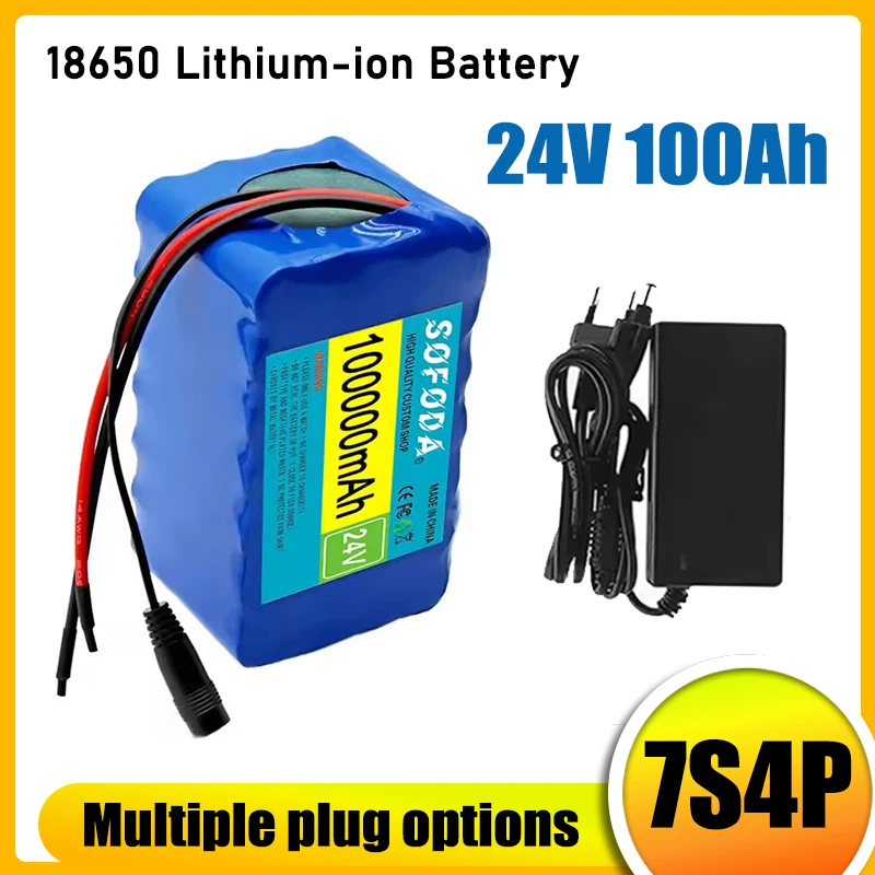 7S4P 24V 100Ah 18650 lithium-ion battery pack with built-in BMS, 29.4V 2A charger, electric wheelchair battery