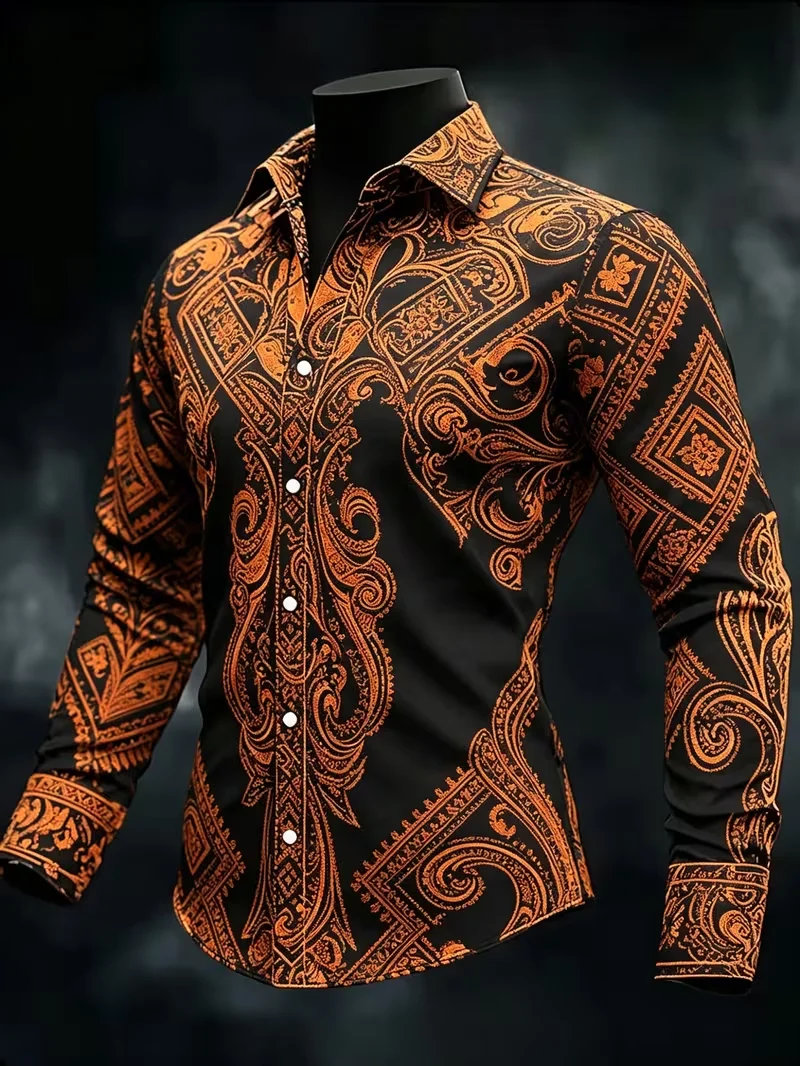 New Purple Gold Color Contrast Ribbed Ribbon 3D Printed Pattern Long Sleeve Shirt Retro Luxury Men's Shirt