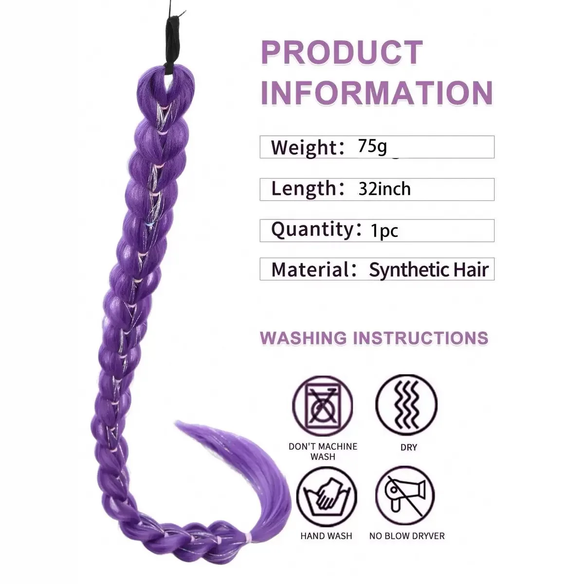 32 Inch Synthetic Purple Braided Wig Shimmering Metallic Kids Christmas Costume Hairpiece -Rumi Collection