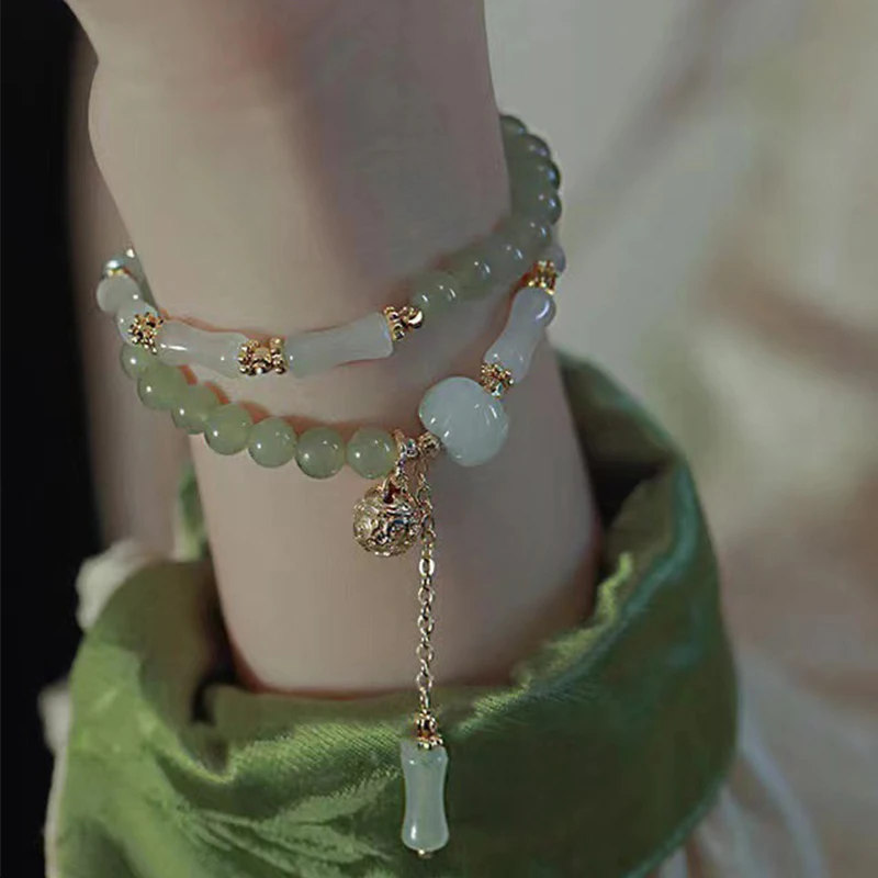 Hetian Jade Bamboo Knot Bracelet Vintage Neo-Chinese Style Premium Gold Silk with Jade Pumpkin Bead Handchain Accessory