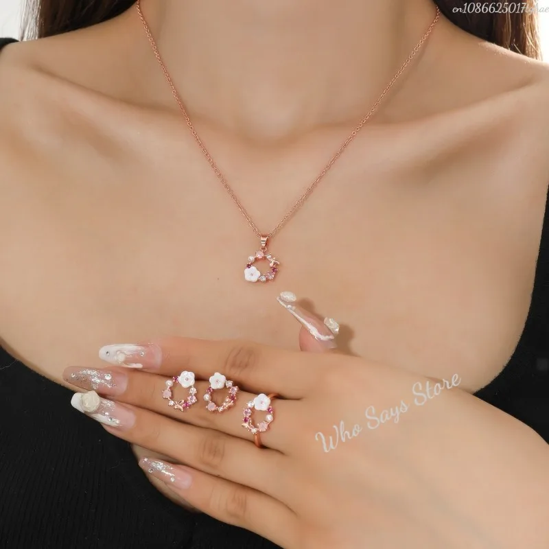 4pcs/set Rose Gold-color Jewelry Set Lady Flower Fashion Accessories Zircon Simple Ornate Exquisite Necklace Ring Earrings