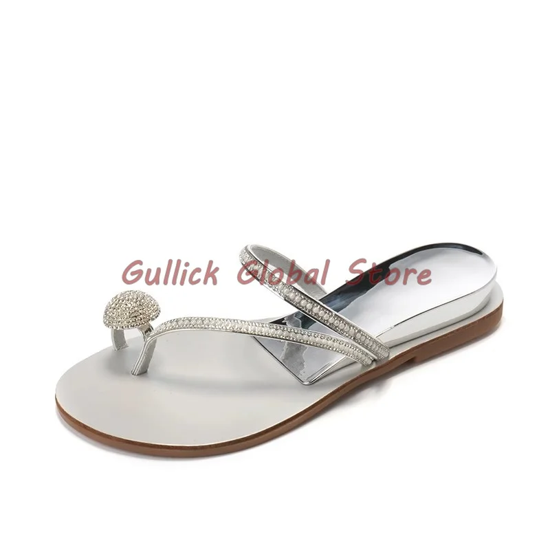 

2024 New Arrival Slides Silver Gold Flat Round Toe Narrow Band Rhinestone Slippers Summer Dress Outside Sand Beach Elegant Grace