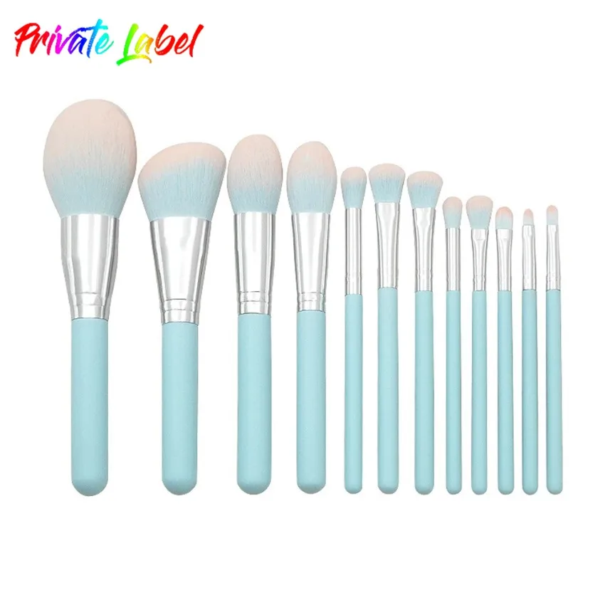 

Private Label 12pcs Light Blue Wooden Handle Makeup Brush Soft Fluffy Loose Powder Eyeshadow Blush Highlighter Makeup Tools Bulk