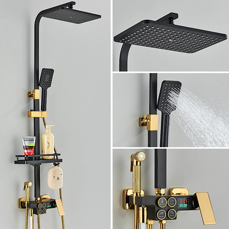 White Gold Digital Bathroom Shower Set 12 Inch Rainfall Shower Head Brass Bathroom Faucet Thermostatic Digital Shower System
