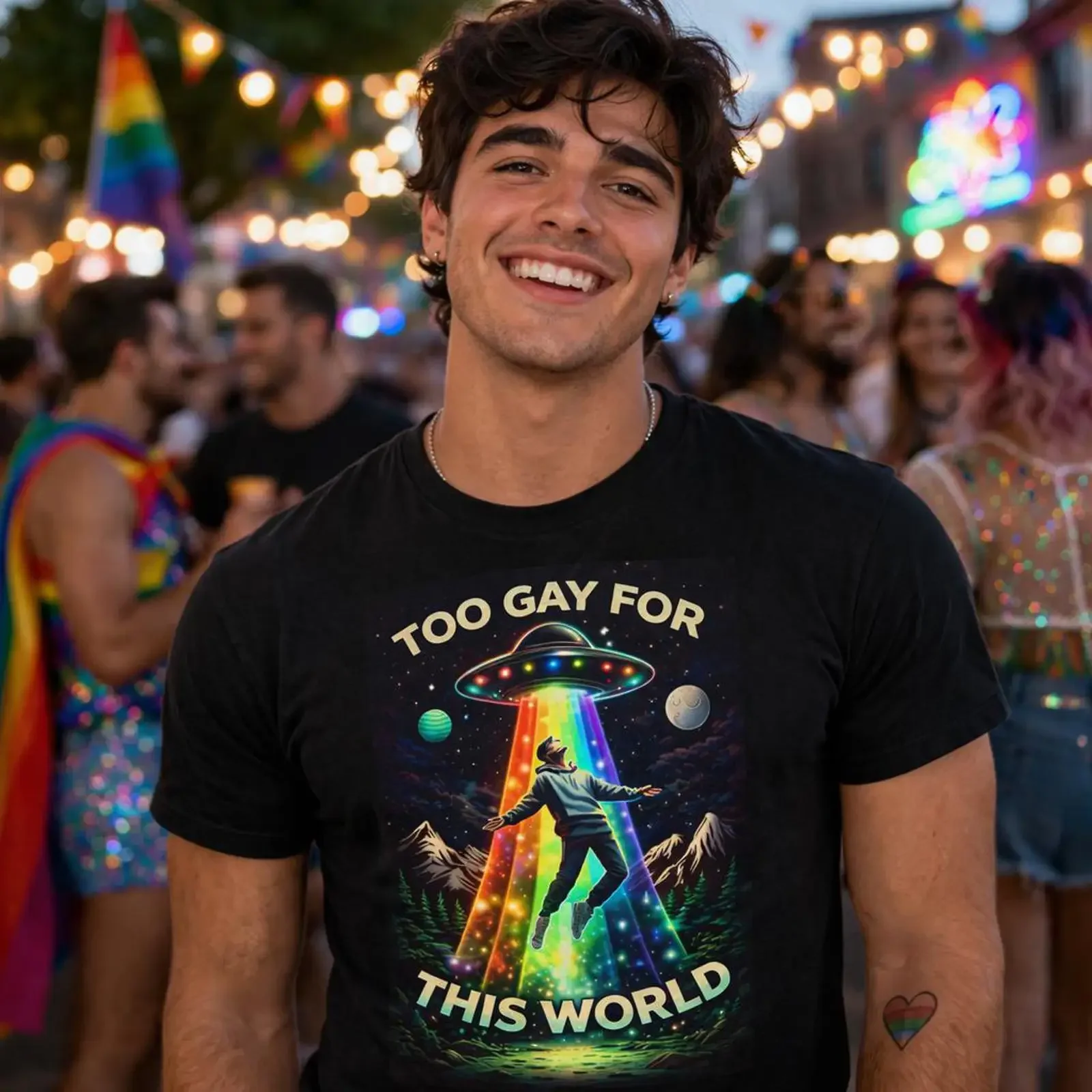 Men amp 39 s Too Gay For This World T Shirt Rainbow UFO Abduction  vintage Washed Soft Stylish Comfortable Unisex Casual