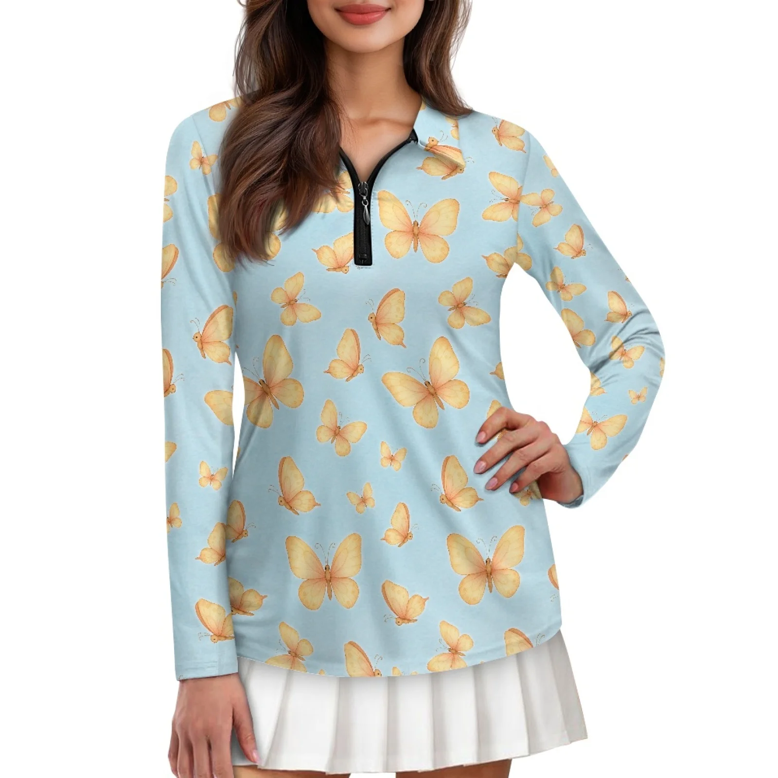 PENSTROLL Yellow Butterfly Art Womens Plus Size Zip Polo Tennis Top Quick Dry Golf Outfits for Hiking