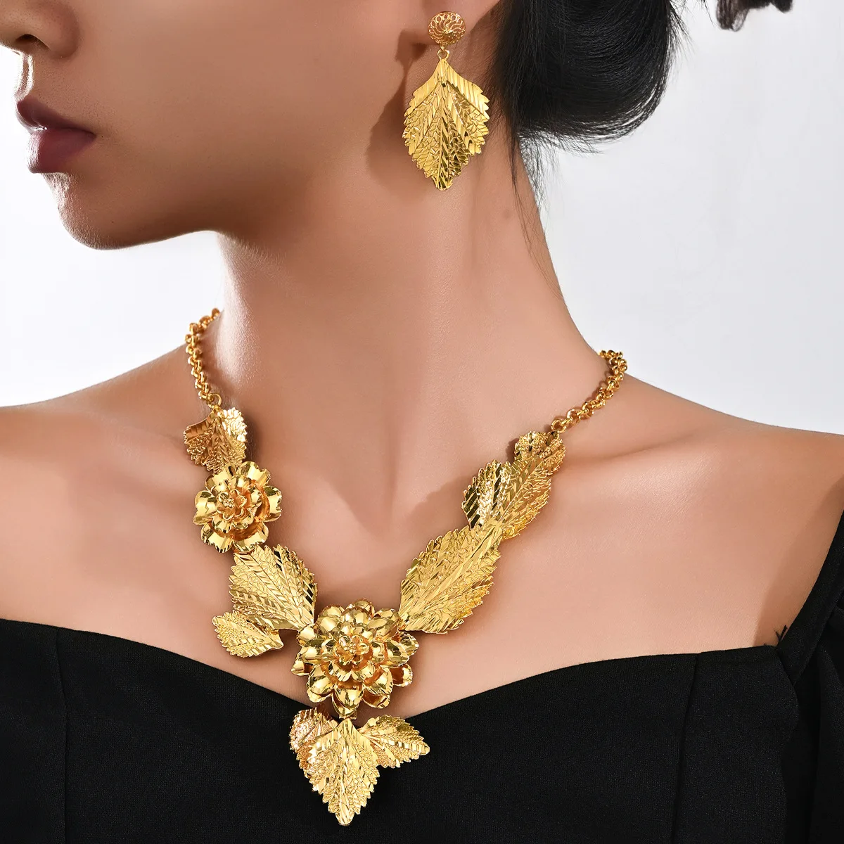 9999 gold flower tassel long necklace earrings set jewelry set