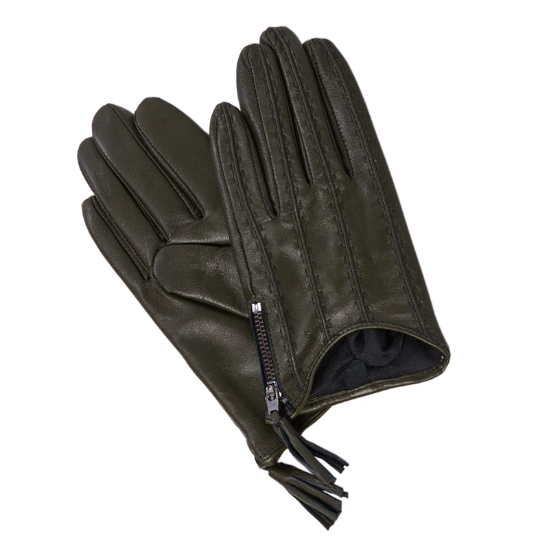 Touch Screen Gloves Genuine Leather Pure Imported Goatskin Tassel Zipper Short Style Dark Purple Female Touch Function WZP16