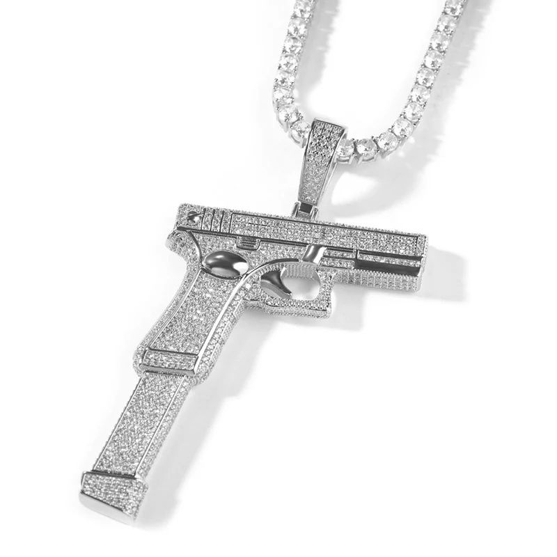 Hip Hop 5A+ CZ Stone Paved Bling Iced Out Big Gun Pendants Necklace for Men Rapper Jewelry Gold Silver Color