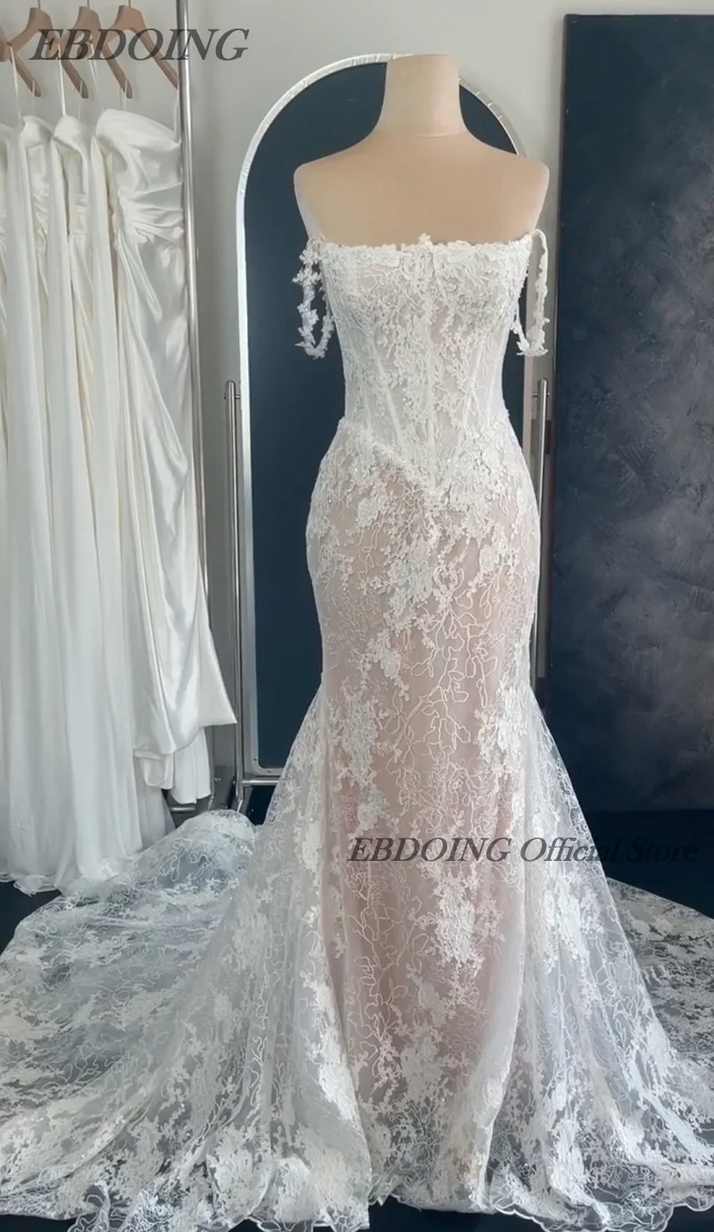 EBDOING فستان الزفاف حورية البحر الدانتيل قارب الرقبة العنق الكلاسيكية الباسك مع الديكور ثوب العروس مخصص