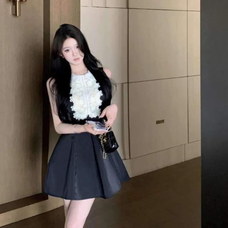 الدانتيل المرقعة طوق بلا أكمام فساتين صغيرة المرأة الصيف مزاجه الخصر سليم صالح ألف خط فستان الحفلات المسائية