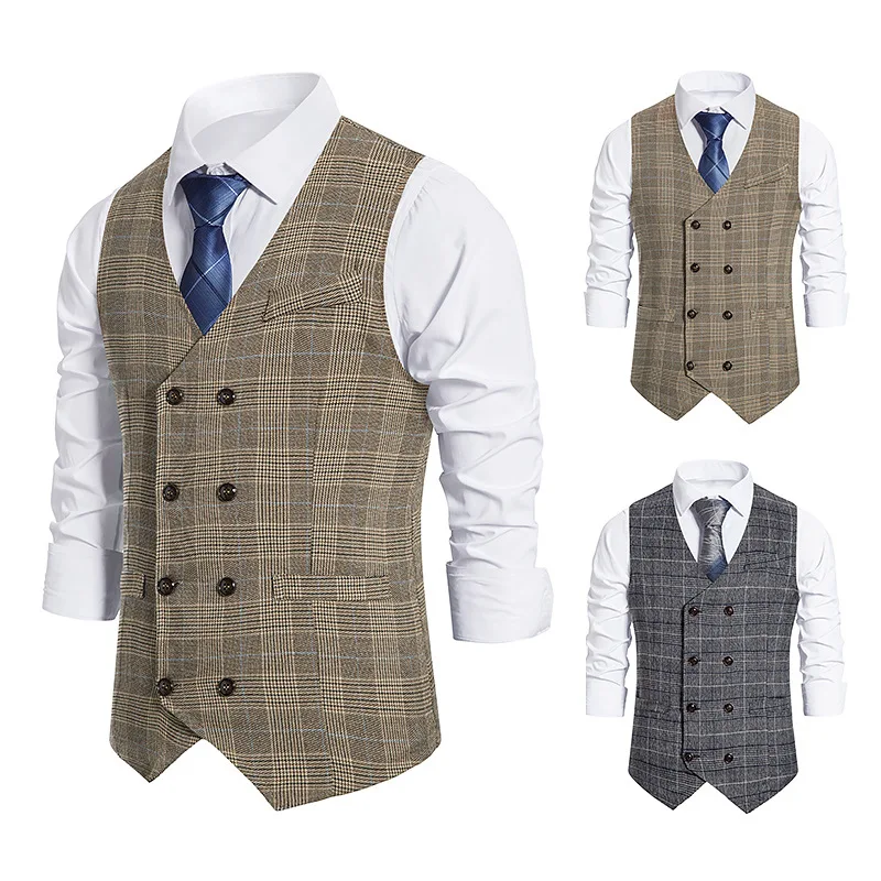 Men\'s Plaid Double-breasted Waistcoat Men\'s Suit Retro Clip Tweed Vest Gille Steampunk Men\'s Classic Vest жилет мужской классиче