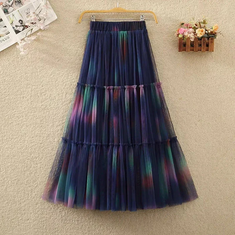 Aesthetic Gradient Long Tulle Skirt for Women 2024 Spring Summer Fashionable A Line High Waist Pleated Mash Skirt Female L564