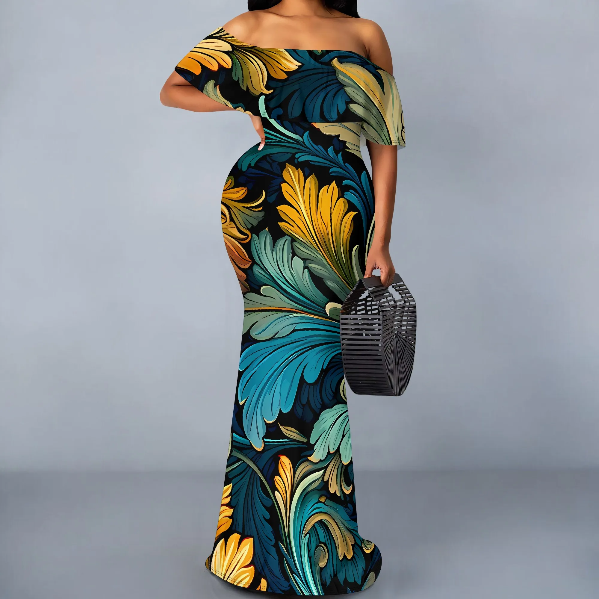 바로크 리프 프린트 오프 숄더 프릴 맥시 드레스 여성 우아한 여름 밤 파티 스타일