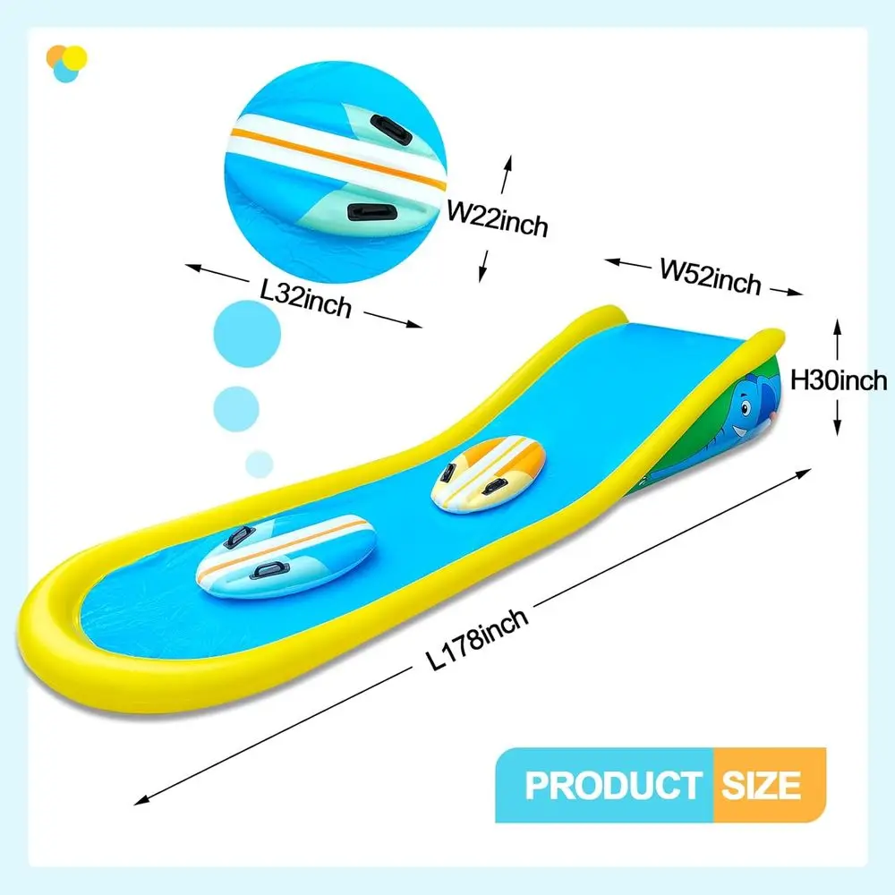 สไลเดอร์น้ำเป่าลมพร้อมสปริงเกอร์สำหรับเด็ก, สไลเดอร์น้ำสูง 15 ฟุต พร้อมกระดานโต้คลื่นเป่าลม 2 อัน และหัวฉีดน้ำในตัว สำหรับเด็กอายุ 6 ปีขึ้นไป