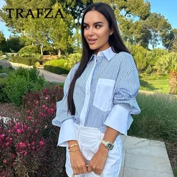 TRAFZA 2024 Spring Summer Casual Poplin Women Shirt Fashion Vintage Striped Pocket Turn-down Collar Single Breasted Lady Shirt