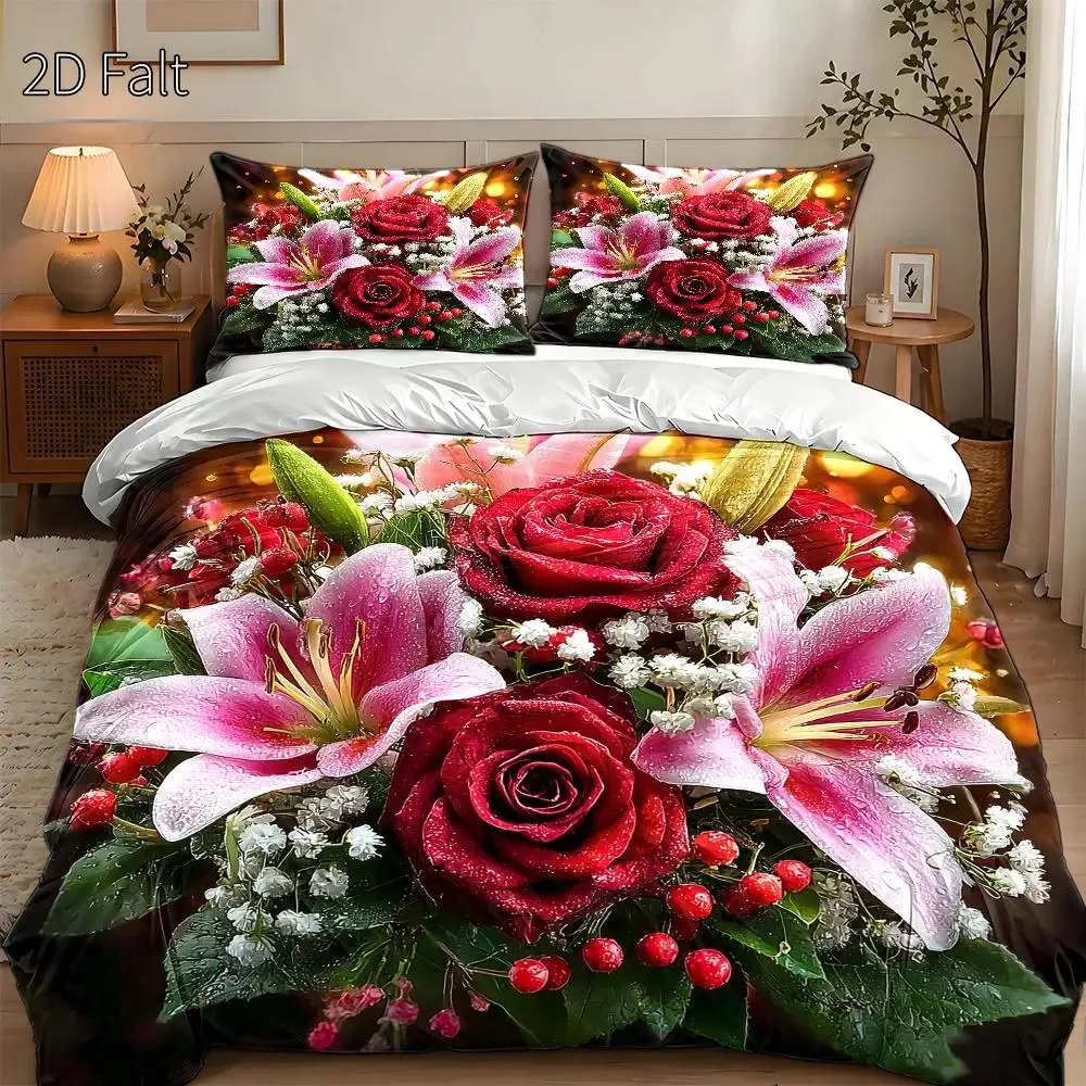 3-Piece Quilt Cover Set, 1 Quilt Cover + 2 Pillowcases (Without Filling), Pink Lily and Rose Theme, Realistic Style, Valentine's Day, Romantic, Suitable for All Seasons, Machine Washable, Invisible Zipper, Can Be Used in Home, Dormitory, Master Bedroom, Guest Room