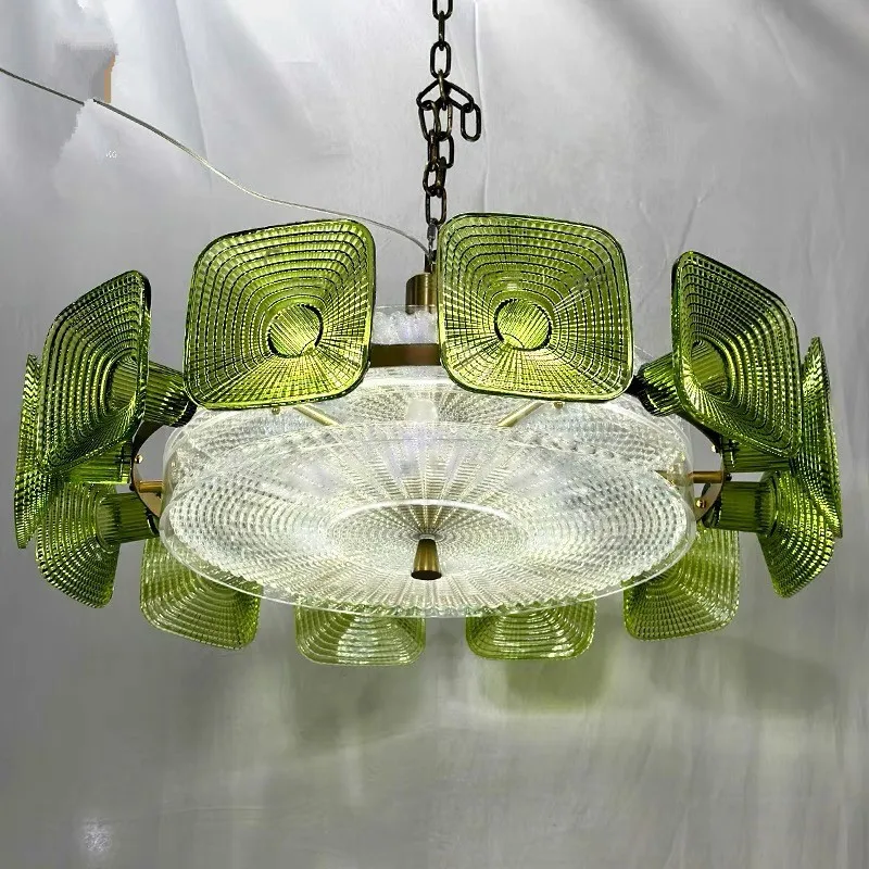 French Green Glass Pendant Light Artistic Carving Decorative Lighting For Living Room Hotel
