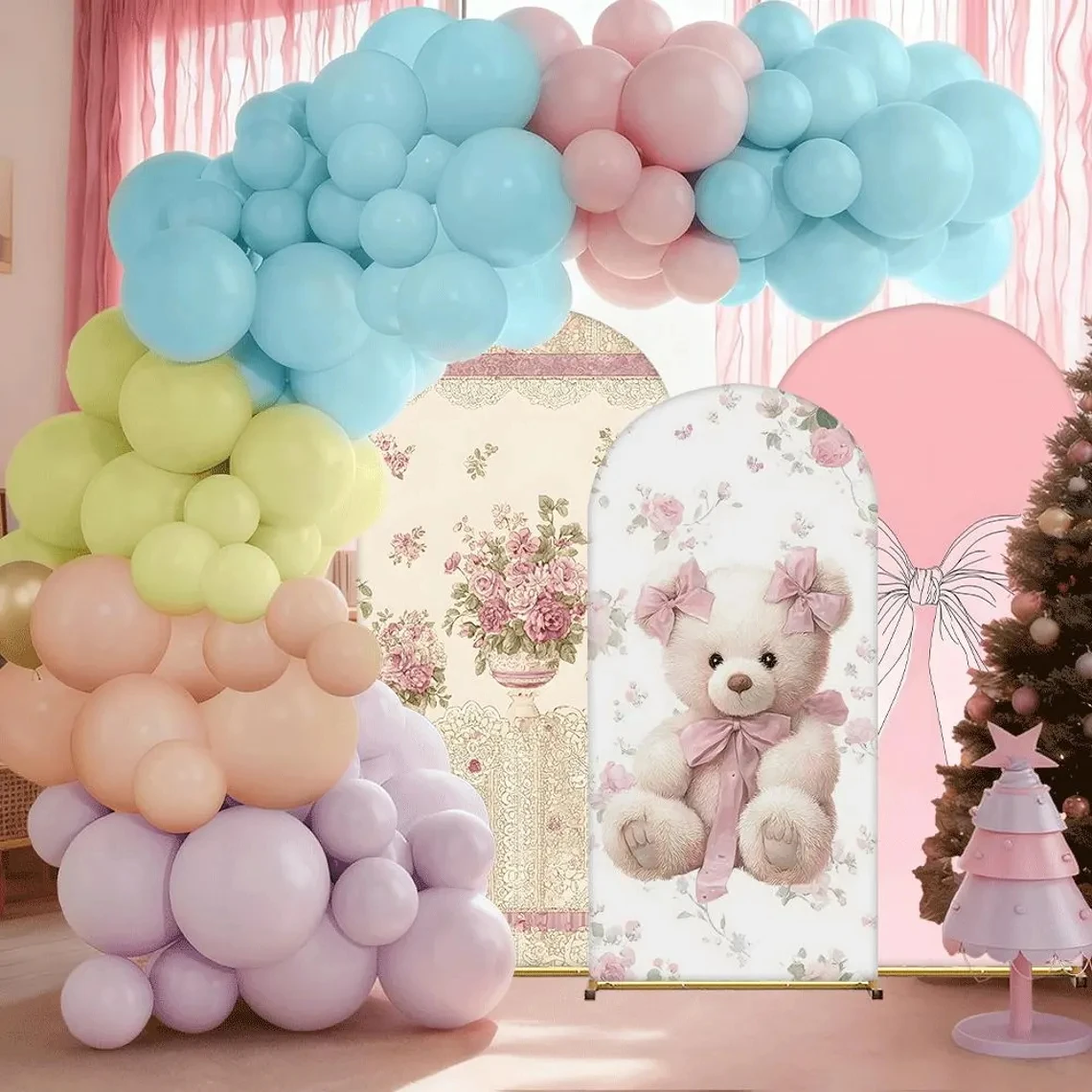 

LS Custom 2-Sided Cute Bear Pink Bow Flower Princess Girl Birthday Baby Shower Cover Chiara Arch Background Decor Backdrop