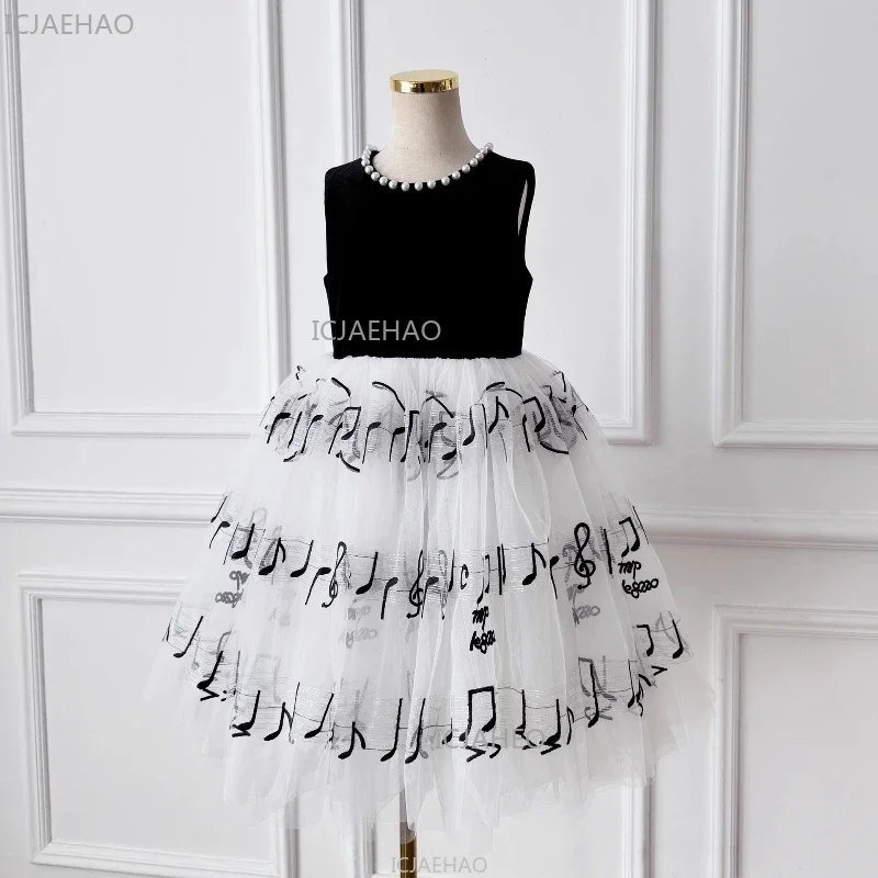 

Black Girls Pearl Embroidered Tulle Dress Piano Performance Gown Stage Recital Outfits Summer Flower Lace Formal Costume Dresses