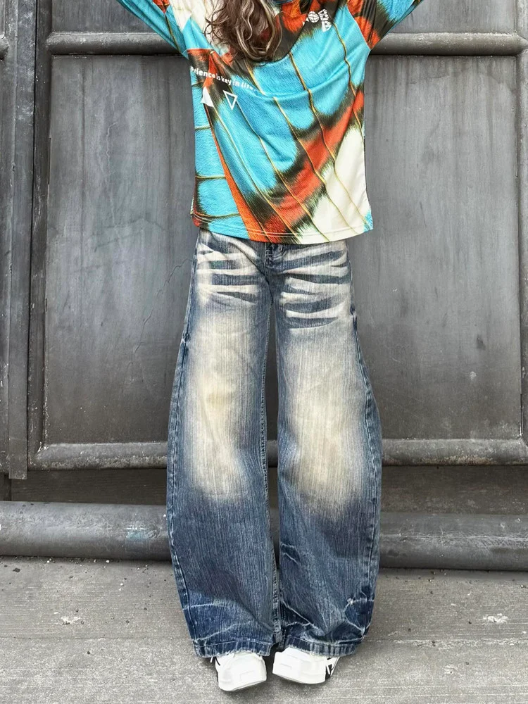 

Large Size Vintage Washed Women's Jeans High Waist Wide Leg Loose Fit Casual Trousers American Style Durable Denim Pants