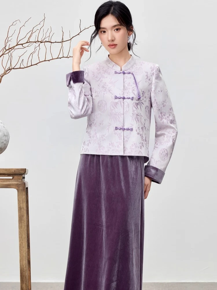 

SENTUBILA Women's Chiness Style Suit 2025 Autumn Elegant Stand Collar Jacquard Coat & Soild Velvet Skirt 2 Pieces Set 153ZA3792