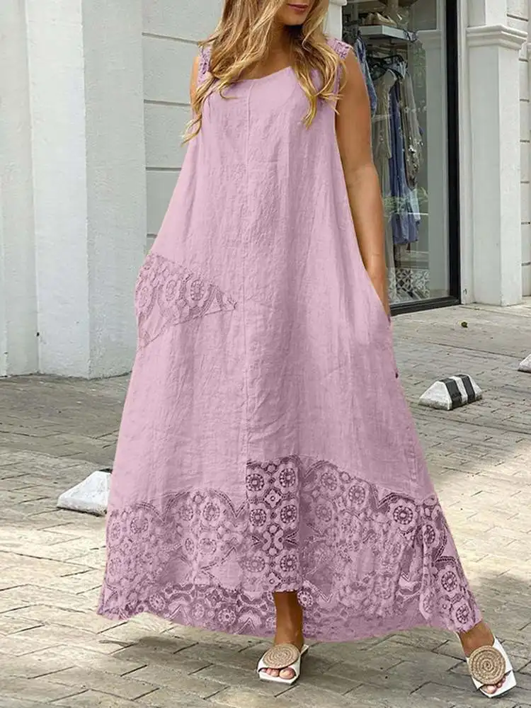 VONDA Bohemian Women Maxi Dress Summer Asymmetrical Lace Party Sundress Casual Loose Solid Short Sleeve Pleated Long Robe Femme